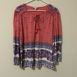 Lucky Brand Boho Peasant Shirt Top Blouse Pink Coral Cotton Knit Women's Size M
